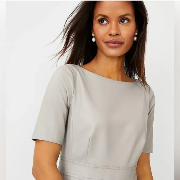 Ann Taylor Women's Vegan Leather Sheath Midi Dress Short Sleeve Size 6 Gray New - Picture 2 of 16